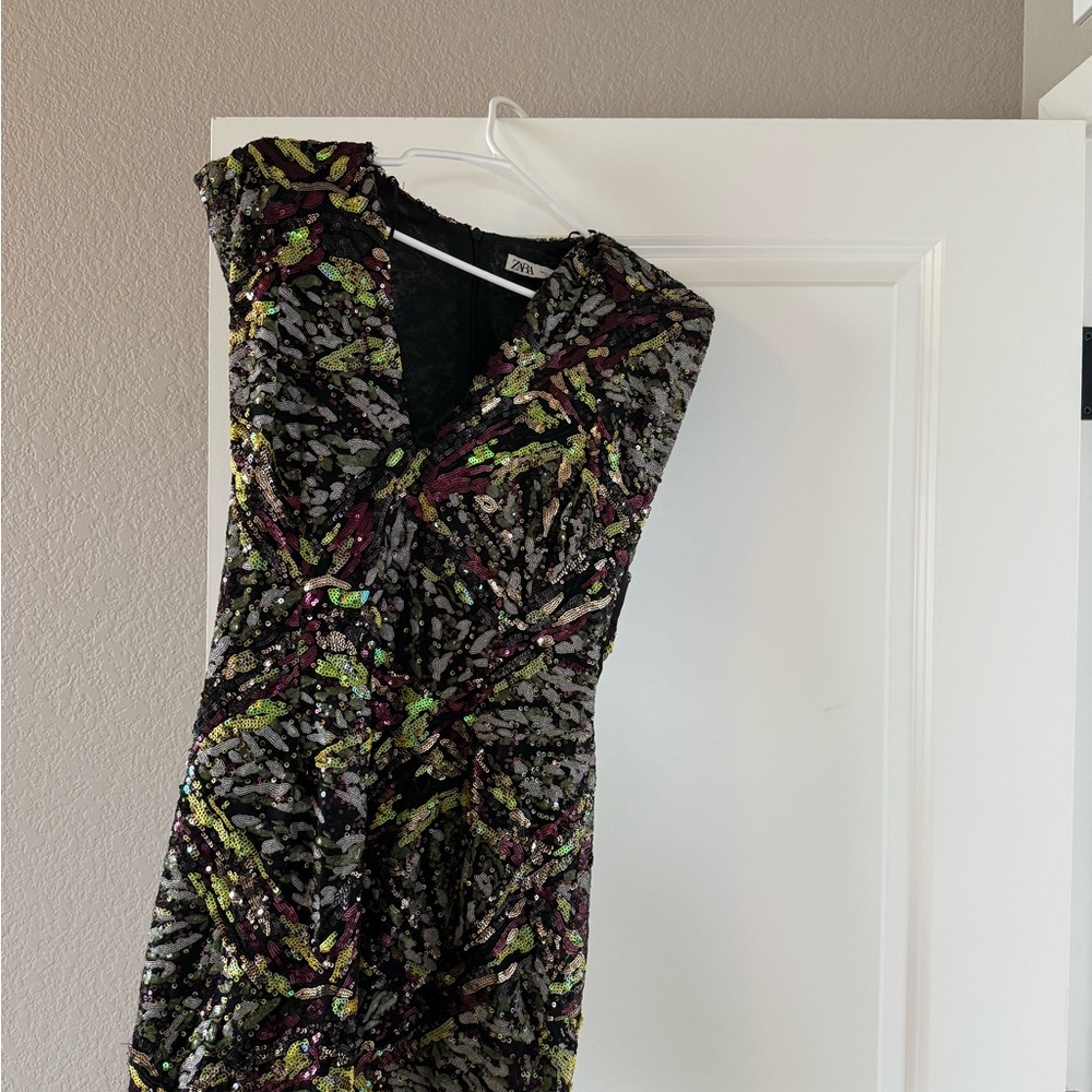 Zara One Shoulder Sequin Dress - Black, Green, Purple